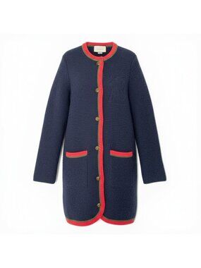 Gucci I NY Yankees Wool Knit Long Cardigan Coat Interlocking Button Navy